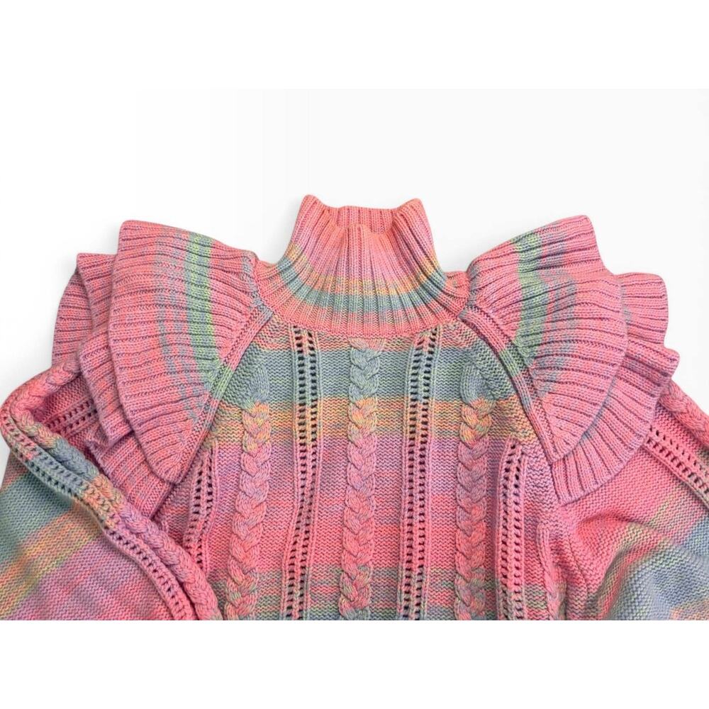 Pastel Rainbow Cable Knit Sweater XS Something Navy Ruffle Shoulder Knit Preppy - Picture 3 of 10